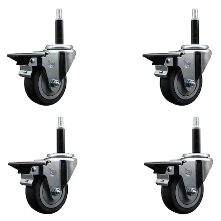 Service Caster 3.5'' Thermoplastic Rubber Swivel 3/4'' Expanding Stem Caster Set with Brake, 4PK SCC-EX20S3514-TPRB-PLB-34-4